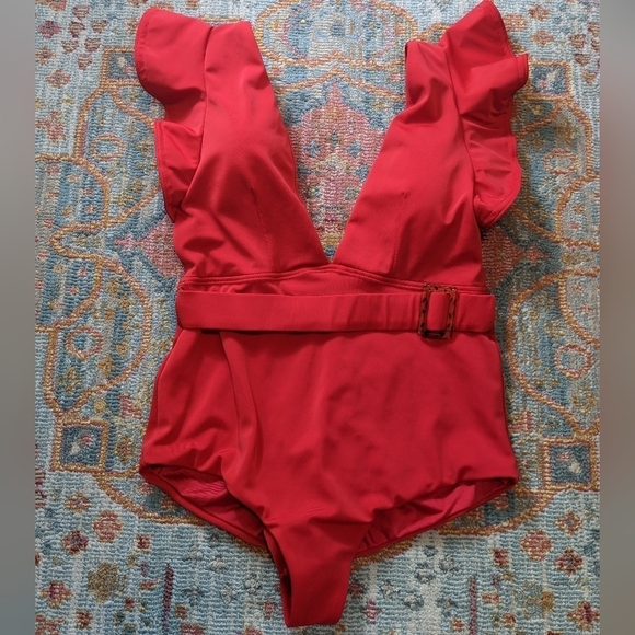 Vintage Red Belted Ruffle One Piece Swim Size M - Picture 4 of 11